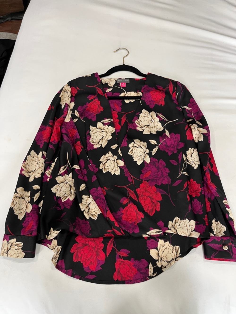 Vince Camuto Black Floral Surplice Blouse with Red, Cream & Purple Flowers